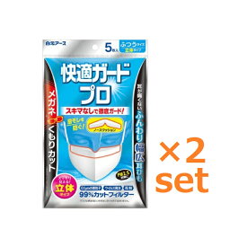 【2セット】 白元アース 快適ガードプロ 立体タイプ ふつうサイズ5枚入 おすすめ マスク 飛沫 花粉 かぜ ほこり 掃除 耳紐 ひも 痛くない ノーズクッション 鼻 フィット 不織布マスク 息しやすい 肌触り ホワイト