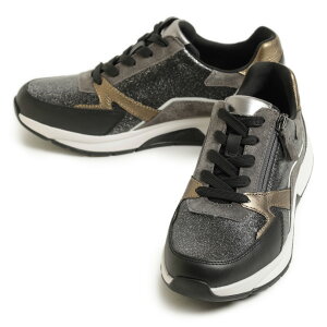 gabor ガボール レディース シューズ スニーカー ローカット 厚底 レザー メタリック グリッター スエード ラウンドトゥ サイドジップ レースアップ 76878 BL/C ブラック