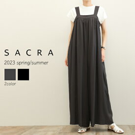 SACRA サクラ レディース ワンピース サロペット キャミ レーヨン シルク マキシ丈 ワイド RAYON SILK SALOPETTE 123203051 BLACK / ブラック CHARCOAL / チャコール