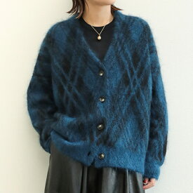 SACRA サクラ レディース カーディガン ニット ジャカード アーガイル チェック ツートーン MOHAIR PLAID JACQUARD CARDIGAN 123530081 PURPLE/パープル INK BLUE/インクブルー