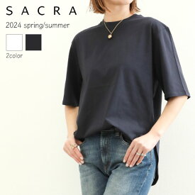 SACRA サクラ レディース カットソー クルーネック コットン ラウンドヘム 半袖 EX.FINE COTTON TOP 124146091 WHITE ホワイト NAVY ネイビー