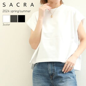 SACRA サクラ レディース カットソー クルーネック コットン フォールドスリーブ 半袖 FOLDED LINE CROPPED TOP 124148091 WHITE ホワイト CHARCOAL チャコール BLACK ブラック