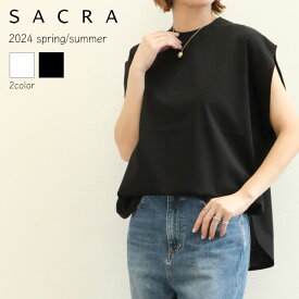 SACRA サクラ レディース カットソー クルーネック コットン フォールドスリーブ 半袖 FOLDED LINE CROPPED TOP 124148091 WHITE ホワイト CHARCOAL チャコール BLACK ブラック