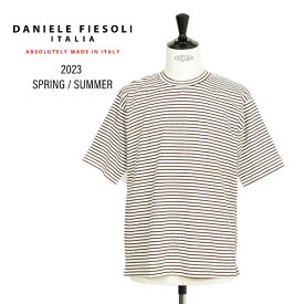 DANIELE FIESOLI ダニエレ フィエゾーリ ニット ボーダー Tシャツ ハイゲージ コットン リネン ストレッチ クルーネック ビッグシルエット 半袖 DF7085 01 ホワイト ブラウン