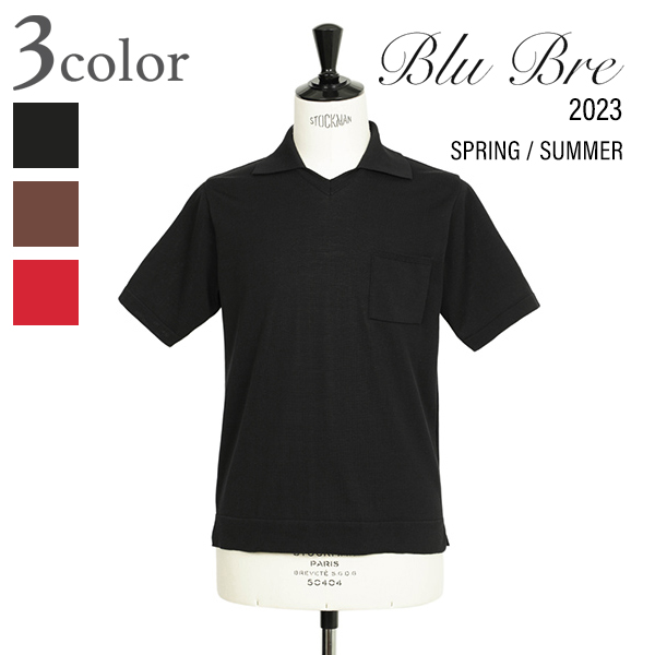 Blu Bre ブルブレ スキッパー ポロシャツ ハイゲージ ニット 半袖 ポケット付 コットン エミルコットーニ オーガニック BLACK ブラック BROWN ブラウン RED レッド