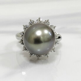 【中古】Pt900　ブラックパール　リング 指輪　ダイヤ 　真珠　レディース ジュエリー パール12.2mm　ダイヤ1.01ct　11.0g 13号