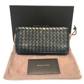 【中古】 ボッテガヴェネタ　BOTTEGA　VENETA　イントレチャート　ラウンドファスナー長財布 ブラック　V4651　メンズ　レディース