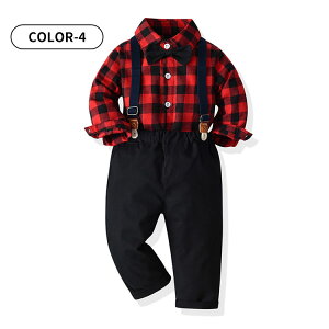 クリスマス 男の子 フォーマル スーツ サスペンダー式 子供 ベビー 赤ちゃん こども ジュニア フォーマルスーツ 上下セット かっこういい 長袖 シャツ パンツ ズボン 蝶ネクタイ チェック柄
