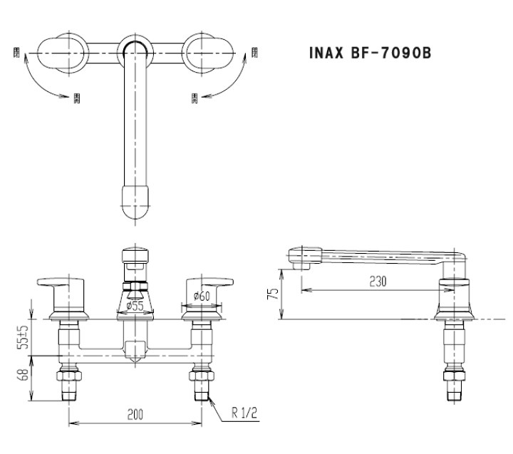 楽天市場】LIXIL,INAX,BF-7090B-U,デッキタイプ2ハンドル式バス水栓