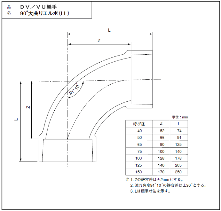 楽天市場 排水専用 硬質塩化ビニール排水継手 Vp管用 Dv大曲りエルボ ロングエルボ 呼び75ミリ 水道屋さん