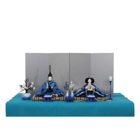 ひな人形 7点セット 親王飾り きよら十番 シルクブルー 鴛鴦紋 ひいな 清水 久遊 正絹 二曲一双 銀 毛せん水色 須恵の彩銀彩青 三五畳玉台 花鉢銀彩青 三五油灯青 132458753