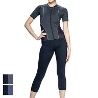 フィットネス水着 レディース 水泳 セミロングレギンス 半袖 ジップ セパレーツ 黒 M-LLサイズ 2993173-0…