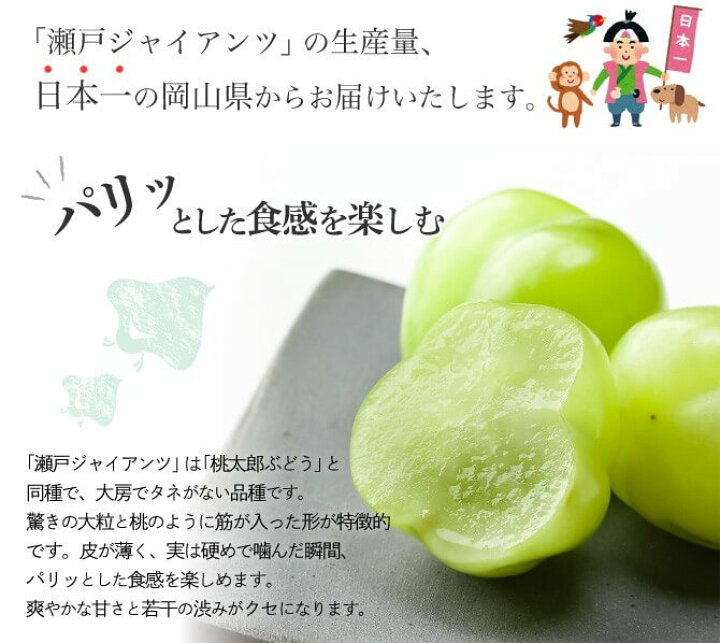 楽天市場】送料無料 ぶどう ブドウ 岡山県特産 瀬戸ジャイアンツ 家庭用 訳あり 約500g×2房 約1kg 9月中旬頃より発送 : 水琴果楼 楽天市場店 楽天市場】送料無料 ぶどう ブドウ 岡山県特産 瀬戸ジャイアンツ 家庭用 訳あり 約500g×2房 約1kg 9月中旬頃より発送 : 水琴果楼 楽天市場店