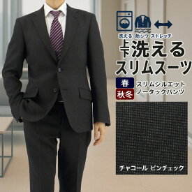 【クーポン利用で700円OFF】 スーツ スリム メンズ チャコール 無地柄 ピンチェック ストレッチ 防シワ 2025 新作 秋冬 春 即日出荷 ノータック 洗える 家庭洗濯 ウォッシャブル 面接 リクルート 就職 結婚式 成人式 二十歳 同窓会 謝恩会 卒業式 入学式 おしゃれ 2FSC31-33