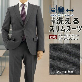 スーツ スリム メンズ グレー 無地 ストレッチ 防シワ ナロースーツ 2025 新作 秋冬 春 即日出荷 ノータックパンツ 洗える 家庭洗濯 ウォッシャブル機能 面接 リクルート 就職 結婚式 成人式 ニ次会 2FSK32-13