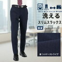 【2点購入9%OFFクーポン】 スリムスラックス ウォッシャブル ノータックパンツ ローライズ メンズ 紺 シャドー ストライプ ストレッチ 防シワ サマー クールビズ 即日出荷 春夏 秋 メンズスラックス 洗える 家庭洗濯 すべり止め付き 1NZC63-21