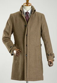 【OUTLET】【キャメルブラウンMサイズのみ】コート メンズ スリムコート ウール素材 メルトン ツイード ビジネスコート ダブルフロント セミフライ ステンカラーコート アウター ニーレングス スリム お洒落 襟高 【送料無料】