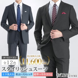 【500円OFFクーポン利用で13,300円】 【新色】 スーツ 洗える 秋冬 メンズ オールシーズン ストレッチ 2つボタン 防シワ ビジネススーツ 洗えるスーツ ノータックスラックス ウォッシャブル シングルスーツ 標準 ややスリム 家庭洗濯可能 ブラック ネイビー グレー ブルー