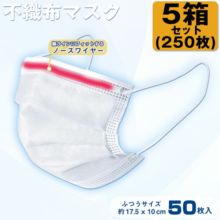 楽天市場】【5個セット】不織布マスク 1箱50枚 マスク ふつうサイズ 