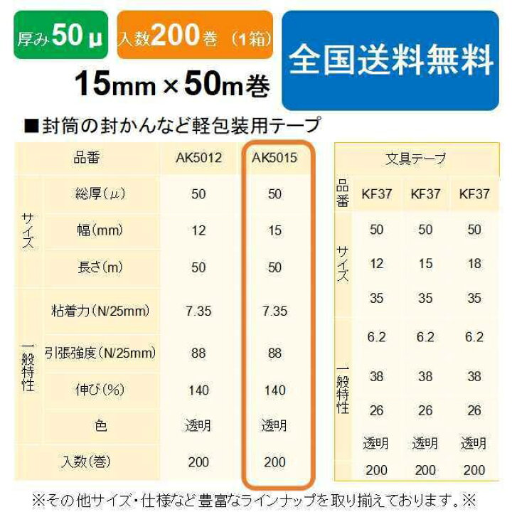 楽天市場】ケイユ—製 OPPテープ AK5015 50μ 15mm×50m 1箱200巻入り 