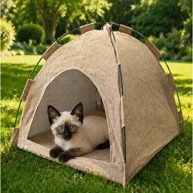 【送料無料】猫ハウス テント型 猫ベッド 夏用 リネン製 折りたたみ式 半密閉 ペットハウス 猫小屋 犬小屋 室内 室外 オールシーズン 通気性 軽量 キャットハウス ペットベッド 隠れ家 洗える 3カラー