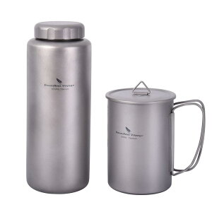 Boundless Voyage 純チタンボトル マグカップ 広口 大容量 直飲み水筒 アウトドア登山 スポーツウォーターボトル 漏れ防止 軽量・錆びない 水筒 ストラップポーチ付き (1000ml+600ml -Ti3007D)
