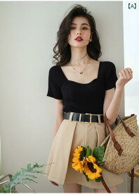 レディース トップス かわいい 春夏 フレンチスクエア ネックの 冷感 ニット 半袖 Tシャツ レディース 夏用 ストレート ショルダー スリムフィット ショート 鎖骨 トップ