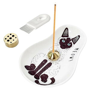Umora お香立て 線香立て 猫のパタン皿 かわいい インテリア 香炉 癒しグッズ アロマ用 プレゼント 玄関 長さ10cm ブラシ付(黒と白の猫)