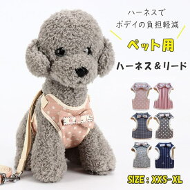 ペット用品 小型犬用 ハーネスとリードの2点セット ベスト型ハーネス（胴輪）＆リード ボディに優しい 軽量 メッシュ 通気性あり 肌触りいい表地 クリップでワンタッチ簡単着脱 簡単調整 カワイイ色柄デザイン全7色