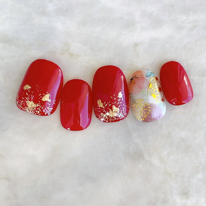 楽天市場】ネイルチップ｜赤レッドゴールドブラックフラワーネイル短い  