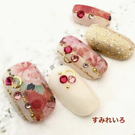 ネイルチップ 成人式 色打掛 デザイン　つけ爪 ブライダル かわいい ショート ロング nail プレゼント 母 短い爪 小さい爪 大きい爪 ベリーショート ちび爪 結婚式 ウェディング 付け爪　ジェルネイル●着物柄 和柄 ゴールド ラインストーン