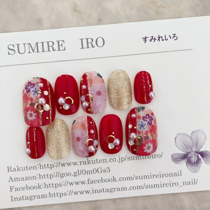 楽天市場 ネイルチップ 成人式 色打掛 デザイン つけ爪 ブライダル かわいい ショート ロング Nail プレゼント 母 短い爪 小さい爪 大きい爪 ベリーショート ちび爪 結婚式 ウェディング 付け爪 ジェルネイル 着物柄 和柄 レッド ゴールド ラインストーン A N すみれ