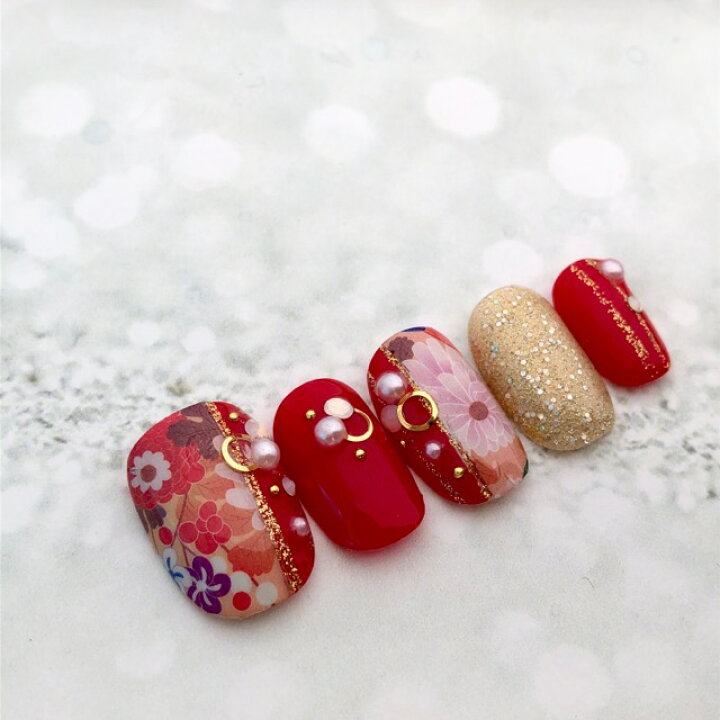 楽天市場 ネイルチップ 成人式 色打掛 デザイン つけ爪 ブライダル かわいい ショート ロング Nail プレゼント 母 短い爪 小さい爪 大きい爪 ベリーショート ちび爪 結婚式 ウェディング 付け爪 ジェルネイル 着物柄 和柄 レッド ゴールド ラインストーン A N すみれ
