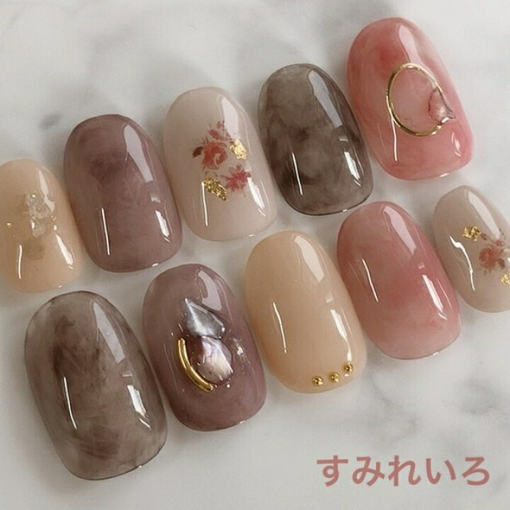 楽天市場 ネイルチップ つけ爪 デザイン かわいい ショート ロング シンプル 冬ネイル Nail プレゼント 短い爪 小さい爪 大きい爪 ベリーショート ちび爪 ピンク系 くすみネイル 付け爪 ジェルネイル 1602 もやもやくすみピンク小花フラワーシェルオーバルゴールド A N