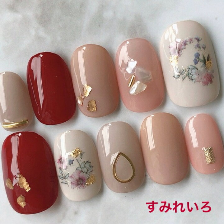 楽天市場 ネイルチップ つけ爪 デザイン かわいい ショート ロング シンプル 冬ネイル Nail プレゼント 短い爪 小さい爪 大きい爪 ベリーショート ちび爪 ピンク系 くすみネイル 付け爪 ジェルネイル 1605 レッドピンク系小花フラワーボタニカルドロップシェル B J