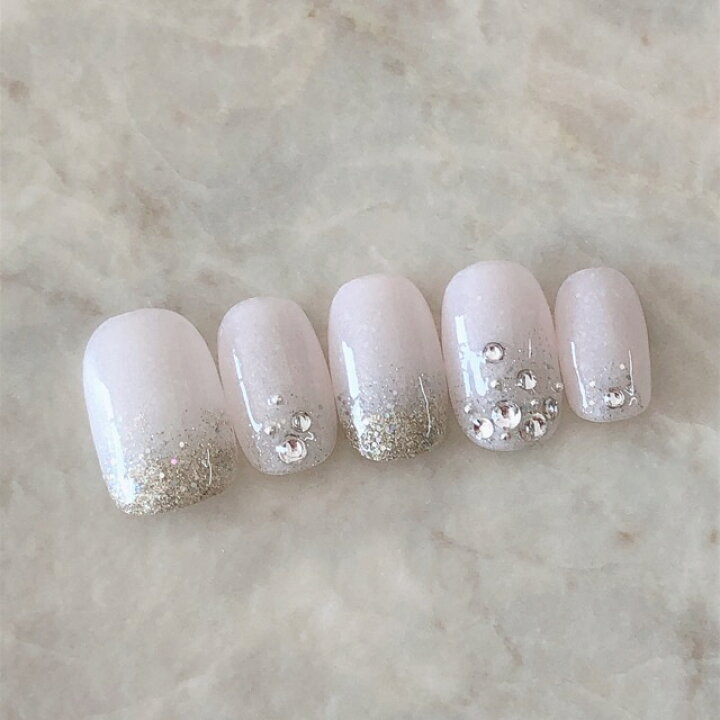 楽天市場 ネイルチップ つけ爪 ブライダル かわいい ショート ロング 白無垢 春ネイル Nail プレゼント 短い爪 小さい爪 大きい爪 ベリーショート ちび爪 白系 ウエディングネイル 付け爪 クラッシュシェル ジェルネイル 1627 シアーピンクラメゴールドグラデストーン