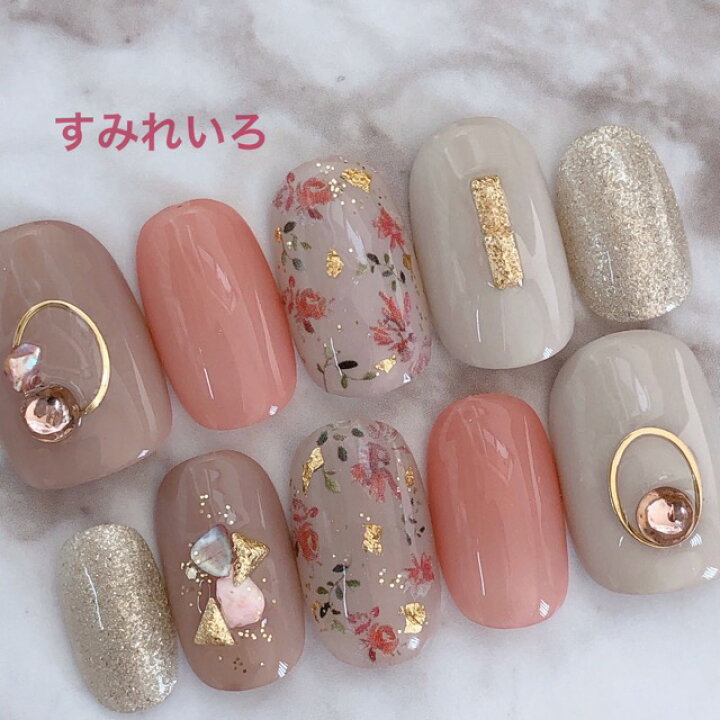 楽天市場 ネイルチップ つけ爪 デザイン かわいい ショート ロング ブライダル 春ネイル Nail プレゼント 短い爪 小さい爪 大きい爪 ベリー ショート ちび爪 くすみネイル 付け爪 押し花 ジェルネイル 1635 くすみベージュボタニカル小花フラワーシルキーグレーピンク B