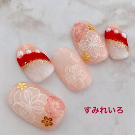 ネイルチップ つけ爪 成人式 かわいい ショート ロング ブライダル 秋ネイル nail プレゼント 短い爪 小さい爪 大きい爪 ベリーショート ちび爪 大人ネイル 付け爪　ニュアンスネイル　ボルドー　赤　【1646】着物成人式色打掛お花ラインフラワー b/ap