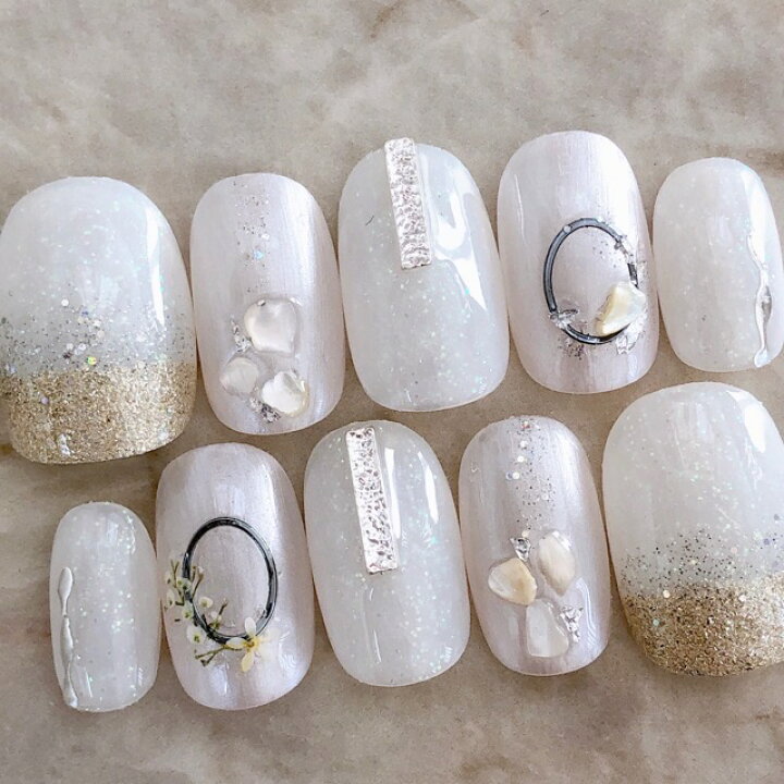 楽天市場 ネイルチップ つけ爪 ブライダルネイル かわいい ショート ロング ブライダル 秋ネイル Nail プレゼント 短い爪 小さい爪 大きい爪 ベリーショート ちび爪 大人ネイル 付け爪 ホワイトネイル 白 1650 ホワイト系シルバーシェルボタニカルフラワー B Ap