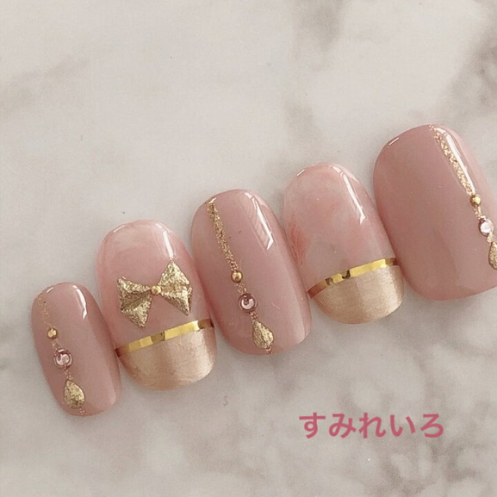 楽天市場 ネイルチップ つけ爪 成人式 かわいい ショート ロング ブライダル 春ネイル Nail 誕生日プレゼント 短い爪 小さい爪 大きい爪 ベリーショート ちび爪 大人ネイル 付け爪 ニュアンスネイル スモーキー 1668 くすみピンクゴールドラインマーブルリボン B Ap