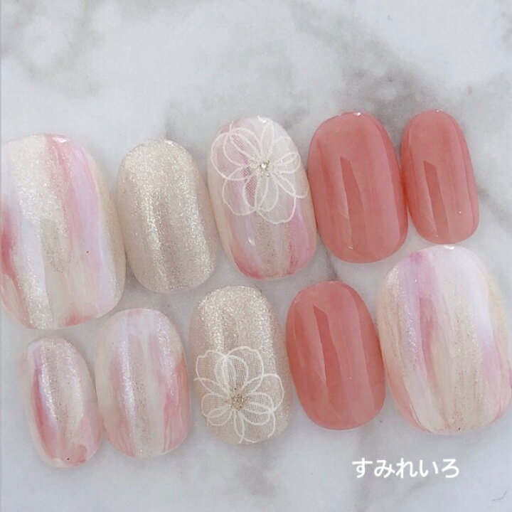 楽天市場 ネイルチップ つけ爪 ブライダルネイル かわいい ショート ロング デザイン 夏ネイル Nail プレゼント 短い爪 小さい爪 大きい爪 ベリーショート ちび爪 大人ネイル 付け爪 オフィスネイル シンプル 1726 ベイクドピンクニュアンスネイルラインフラワー B Ju