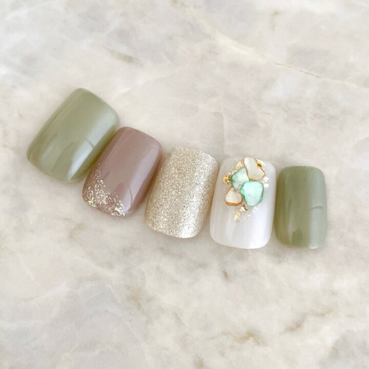 楽天市場 ネイルチップ つけ爪 ブライダルネイル かわいい ショート ロング デザイン 夏ネイル Nail プレゼント 短い爪 小さい爪 大きい爪 ベリーショート ちび爪 大人ネイル 付け爪 オフィスネイル シンプル 1758 モスグリーンニュアンス塗りかけオープンオーバル B