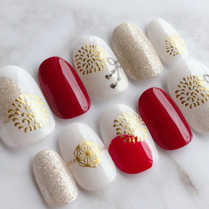 楽天市場 ネイルチップ つけ爪 ブライダルネイル かわいい ショート ロング デザイン 正月ネイルチップ Nail プレゼント 短い爪 小さい爪 大きい爪 ベリーショート ちび爪 お正月コーデ 付け爪 紅白 色打掛 和柄ネイル 1769 お正月紅白ネイル おうちネイル B S