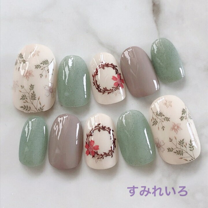 楽天市場 ネイルチップ つけ爪 ブライダルネイル かわいい ショート ロング デザイン 夏ネイル Nail プレゼント 短い爪 小さい爪 大きい爪 ベリーショート ちび爪 大人ネイル 付け爪 オフィスネイル シンプル 1795 リースボタニカルグリーンベージュ すみれいろネイル