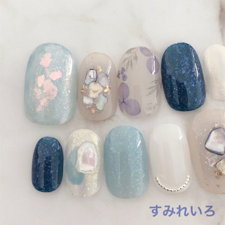楽天市場 ネイルチップ つけ爪 ブライダルネイル かわいい ショート ロング デザイン 夏ネイル Nail プレゼント 短い爪 小さい爪 大きい爪 ベリーショート ちび爪 大人ネイル 付け爪 オフィスネイル シンプル 1818 ブルーホワイトシェルあじさいフラワー紫陽花