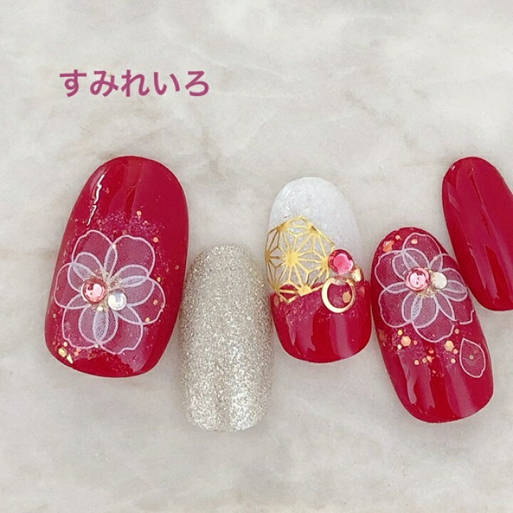 楽天市場 ネイルチップ つけ爪 成人式ネイル かわいい ショート ロング デザイン 着物ネイル Nail 浴衣 短い爪 小さい爪 大きい爪 ベリーショート ちび爪 大人ネイル 付け爪 和祖ネイル 和柄 1846 レッドラインフラワー着物ネイル赤 すみれいろネイル