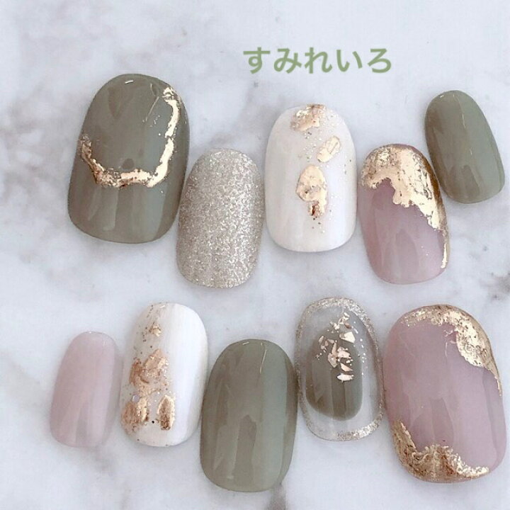 楽天市場 ネイルチップ つけ爪 ブライダルネイル かわいい ショート ロング デザイン 夏ネイル Nail プレゼント 短い爪 小さい爪 大きい爪 ベリーショート ちび爪 大人ネイル 付け爪 オフィスネイル シンプル 1852 モスグリーンモカベージュアンティークゴールド