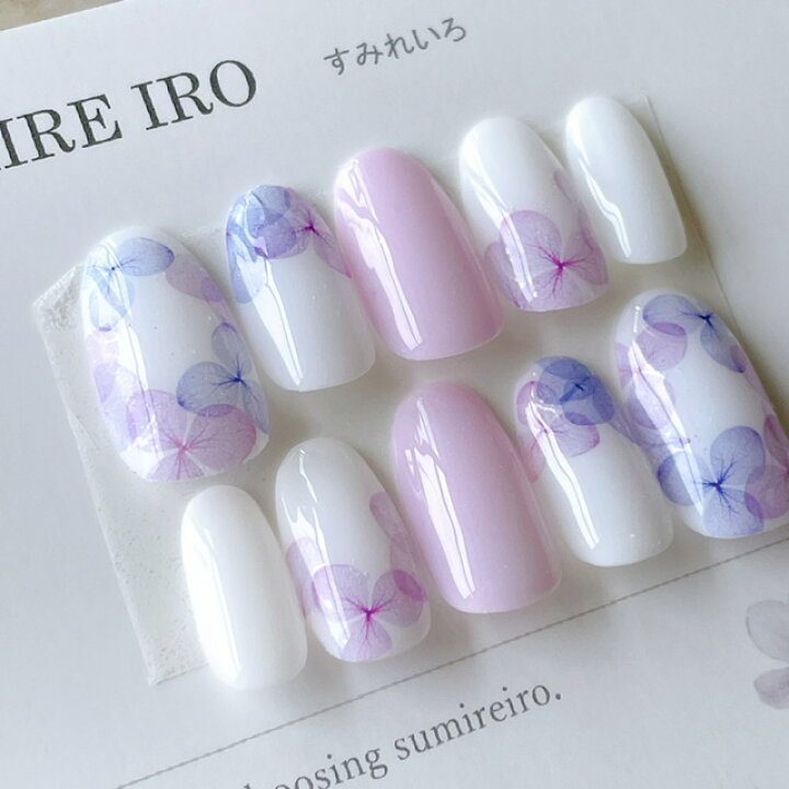 楽天市場 ネイルチップ つけ爪 ブライダルネイル かわいい ショート ロング デザイン 夏ネイル Nail プレゼント 短い爪 小さい爪 大きい爪 ベリーショート ちび爪 大人ネイル 付け爪 オフィスネイル シンプル 1902 シアーアイボリー紫陽花ボタニカル すみれいろネイル