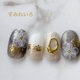 ネイルチップ つけ爪 ブライダルネイル かわいい ショート ロング デザイン 成人式ネイル nail プレゼント 短い爪 小さい爪 大きい爪 ベリーショート ちび爪 和柄ネイル 付け爪　着物ネイル　和装【1923】ブラックラインフラワーゴールドp