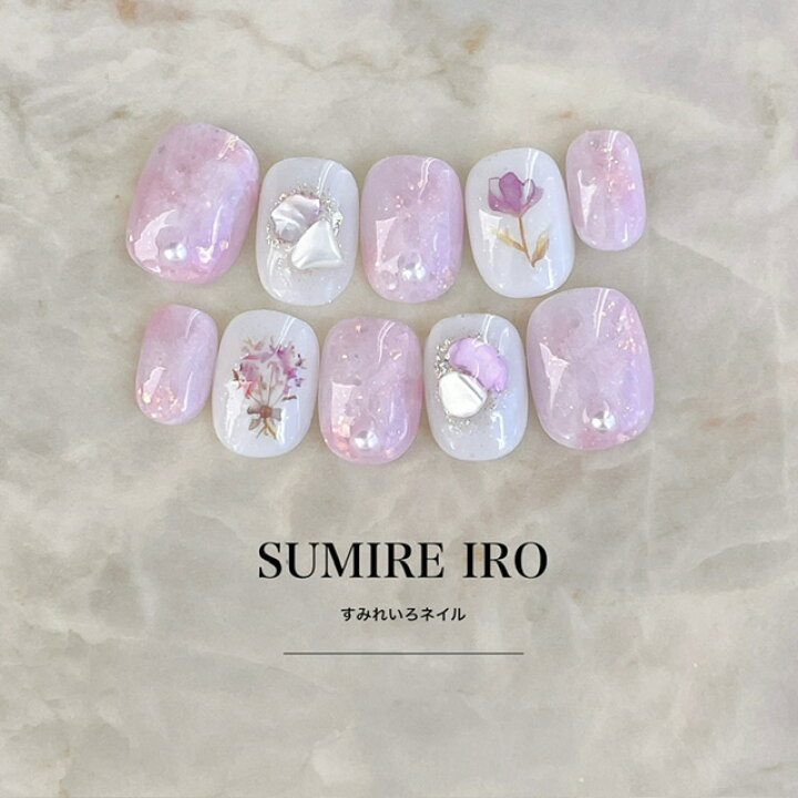 楽天市場 ネイルチップ つけ爪 ブライダルネイル かわいい ショート ロング デザイン 夏ネイル Nail プレゼント 短い爪 小さい爪 大きい爪 ベリーショート ちび爪 大人ネイル 付け爪 オフィスネイル シンプル 1925 ピンクラメマーブルストンフラワー すみれいろネイル